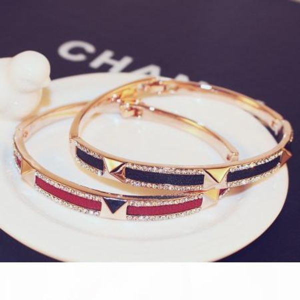 

luxury bracelets punk rivet bangle with diamonds and leather designer for women rose gold bracelet with zircon brand fashion jewelry, Black
