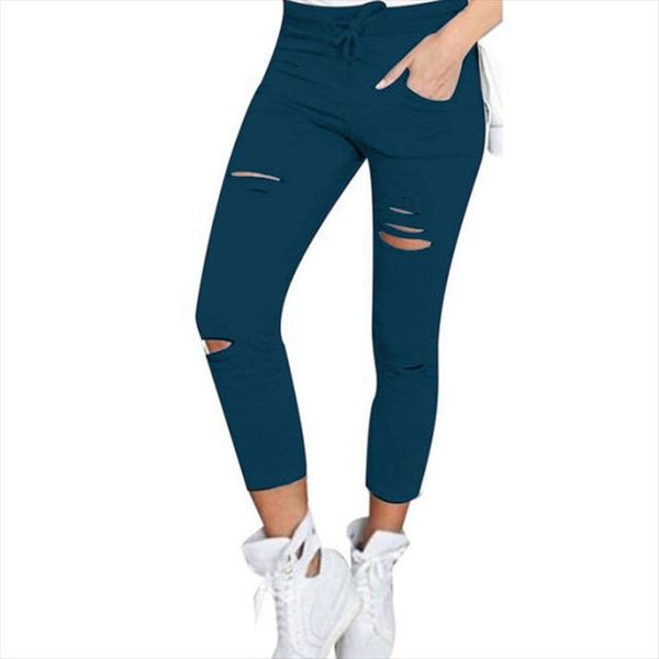 

skinny pants women hole knee pencil pant lady high waist legging slim trousers stretch ripped jeans plus size 4xl, Black