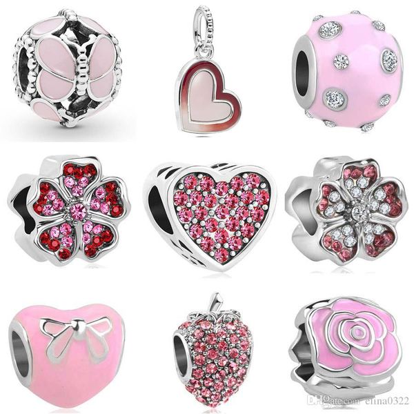 

2018 new european 1pc silver pink heart round flower bow strawberry diy bead fit pandora charm bracelet d045, Black