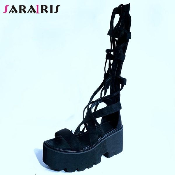 

sarairis high heels ankle wrap sandals women 2020 concise lace-up date sandals ladies elegant high platform shoes, Black