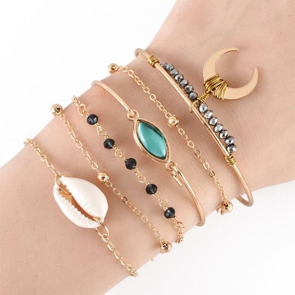 

alyxuy 6 pcs/ set boho eyes shell moon black beads chain adjustable gold bracelet set for women fashion party jewelry bracelets