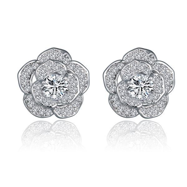 

fashion luxury ladies white flower shape crystal earrings with zircon ear-rings for women wedding classic jewellery gift, Golden;silver