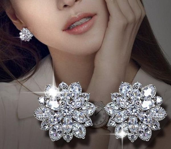 

luxury zircon diamonds snow stud earrings women 18k white gold silver color bridal dress feast party jewelry bijoux bague11, Golden;silver