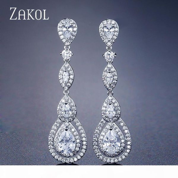 

wholesale luxury water drop pear cubic zircon long dangles drop earrings for elegant women bridal wedding jewelry dress fsep2114, Silver