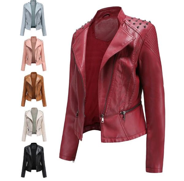 

women's leather & faux 2021 high-quality slim autumn women jacket thin section small ladies pu outwear biker fashion rivet coat, Black