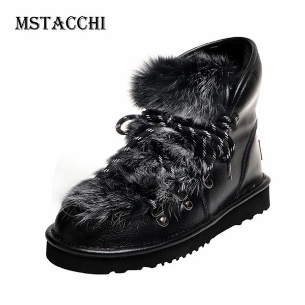

mstacchi 2020 мех снегоступы женщины keep warm квартира плюшевой buty damskie крест lace-up ботильоны покрытие stivali plus размера 34-43, Black
