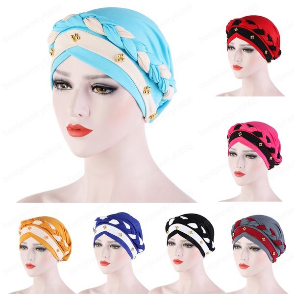 

two-color beaded braid hijab caps muslim wrap turban cap female fashion inner hijabs bonnet ready to wear indian beanie islamic hats, Blue;gray