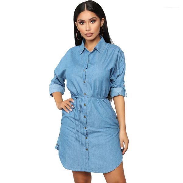 

blue single breasted mini casual slim dress women spring shirt dresses fashion denim, Black;gray