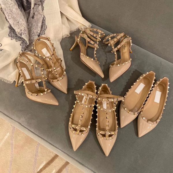 

2020 new classic fashion women girl genuine leather sheepskin rivet bandage nude high heels sandals with original box, Black