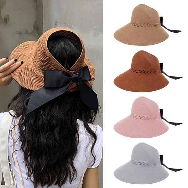 

hand made raffia straw summer cap casual shade hat woman's sun hats female bowknot visor caps empty hat girls beach, Blue;gray