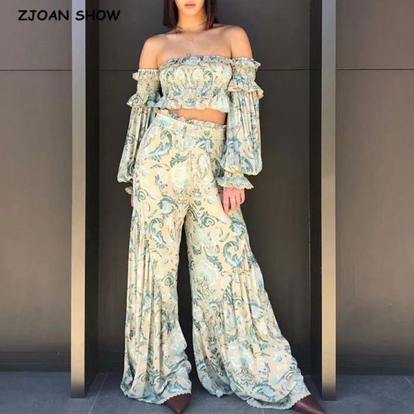 

2 pieces set bohemia ruched elastic slash neck floral print long sleeve shirt holiday ruffle women elastic waist wide leg pants, Gray