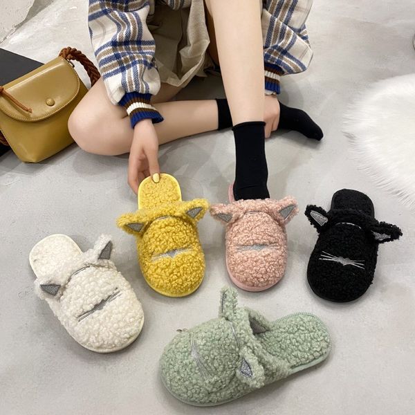 

women home slippers winter warm shoes woman slip on flats slides female cute ears faux fur slippers women shoes closed toe, Black