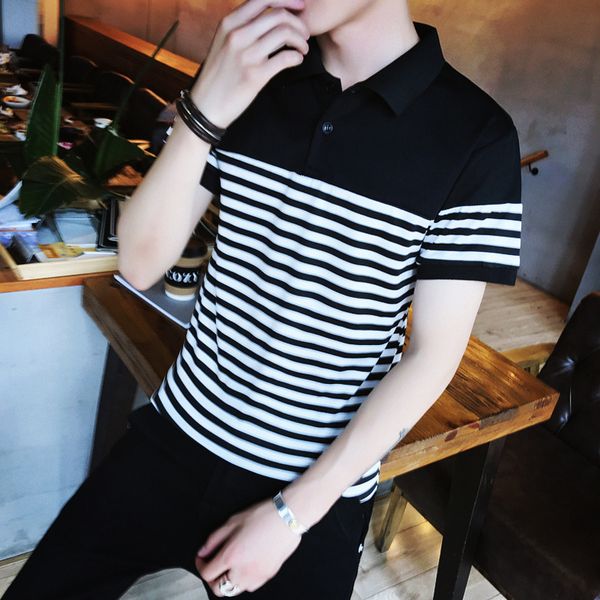

men's striped summer fashion lapel shirt collar slim half sleeve kg-198, White;black