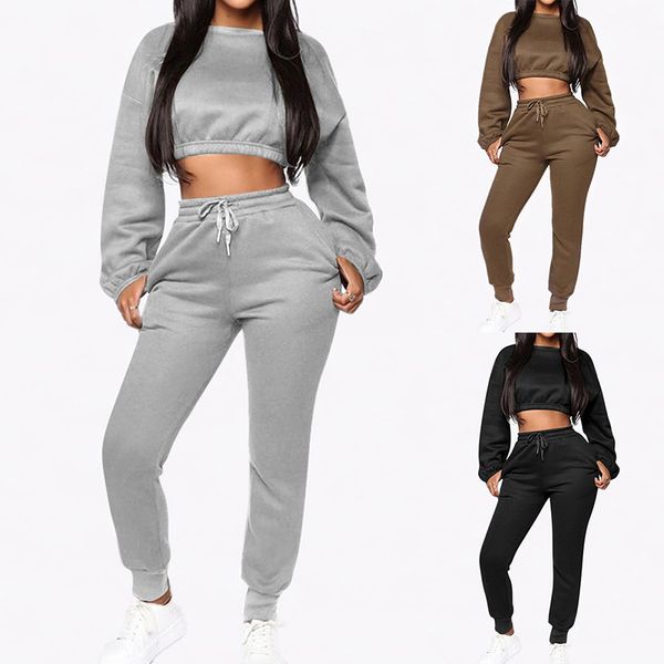 

women's solid color round neck long sleeve plus velvet loose high waist pants two-piece set, White;red