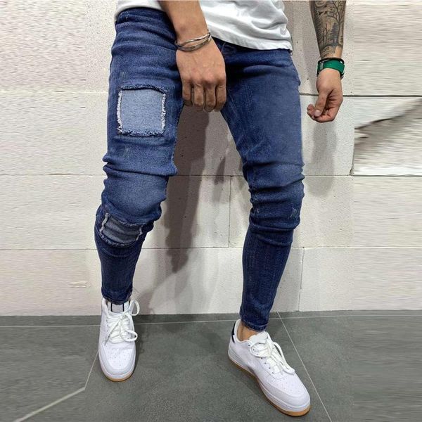 

jeans men patch biker jeans moto skinny patchwork holes ripped stretch denim pants washed straight vintage trousers male, Blue