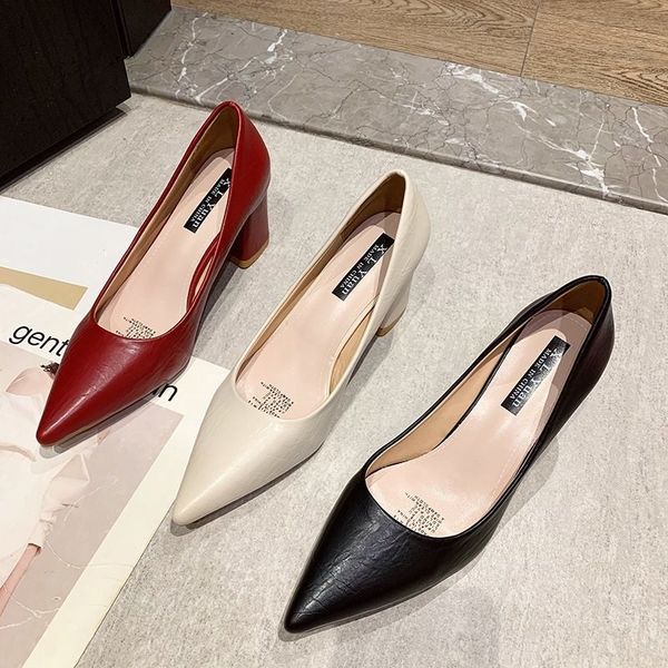 

eoeodoit 7 cm high heel shoes women fashion leather pumps office work shoes pointed toe slip on square heel casual dress heels, Black