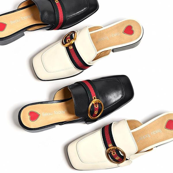 

mueller shoes 2019 baotou half slippers female thick with xia wai wear genuine leather  heel lazy, Black