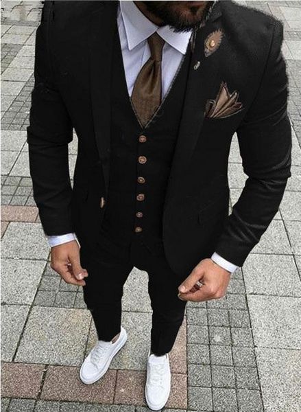 Новый стиль Черный Groom Tuxedos Нотч Groomsmen Mens Свадебное платье Отлично Человек куртка Blazer 3 шт Костюм (куртка + брюки + жилет + галстук) 291