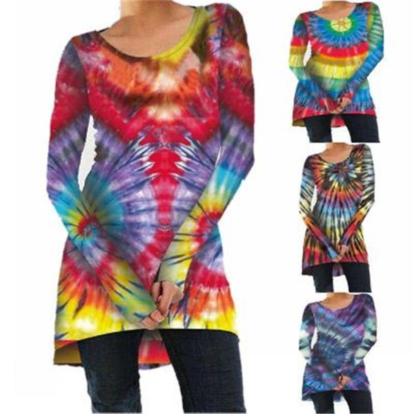 

women tie dye t-shirts fashion occident trend round neck long sleeve tshirt designer female casual loose pullover long tee, White