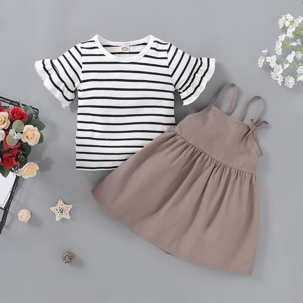 

2020 summer new girls set children bell sleeve stripe print t-shirt solid suspender skirt kids suit trend soft child clothes, White