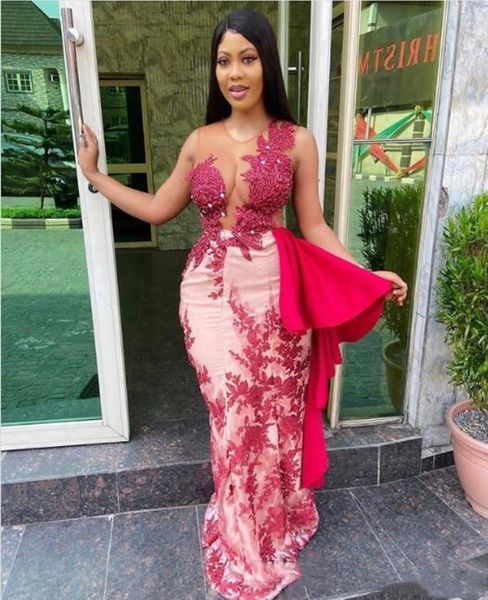 

2020 africa women fuchsia mermaid prom dresses lace appliques beads illusion special occasion dress long formal evening gowns vestidos, Black