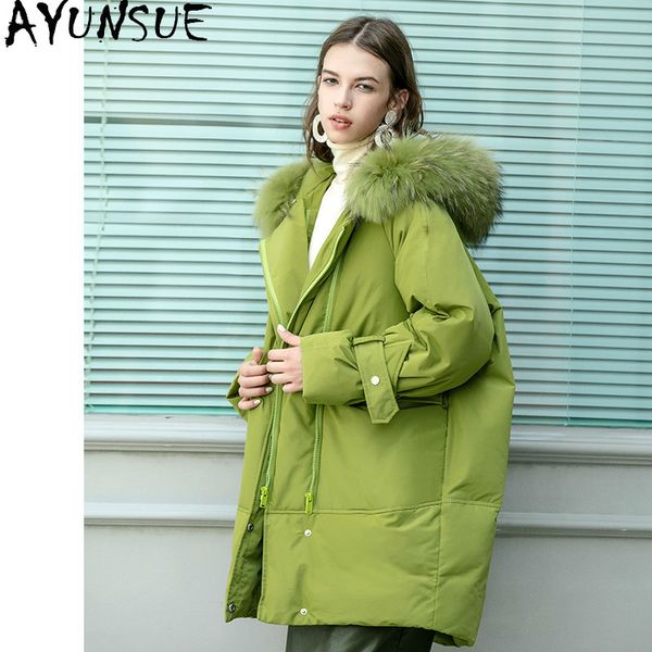 

ayunaue women's down jacket winter coat female jacket raccoon dog fur collar fashion women coats mujer chaqueta 19aw-259850 186, Black