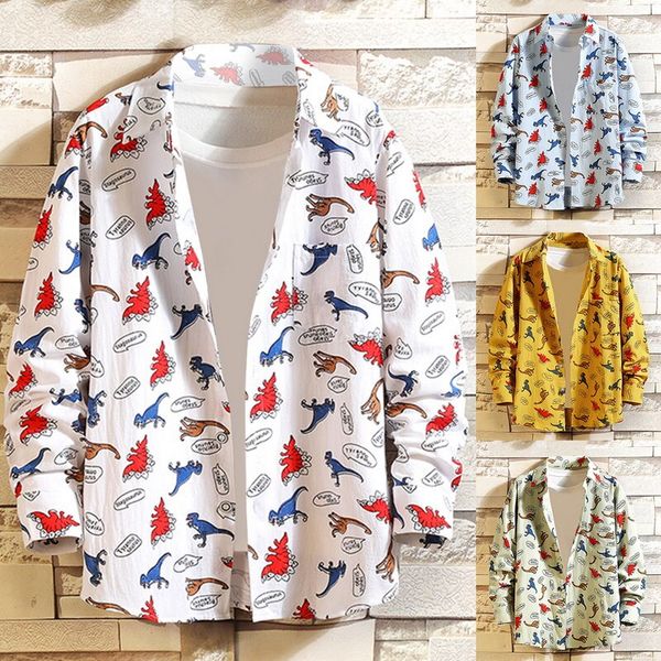 

men loose shirt print long sleeve lapel collar shirt button longue slim fit male casual dress korean print clothes, White;red