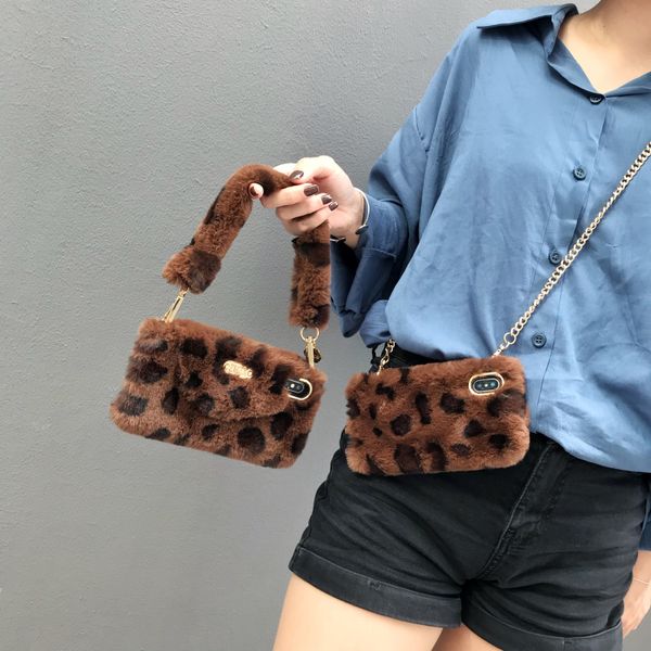 Luxo Leopard Imprimir Plush Case para iPhone 12 11 Pro Max Cotção Quente Fluffy Crossbody Chain Saco de telefone para iphone xs max XR X 6S 7 8Plus