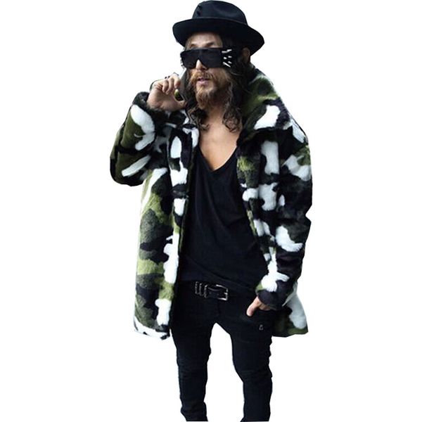 

men's leather & faux men long fur coats splice winter fashion thickening lapel camouflage jackets, Black