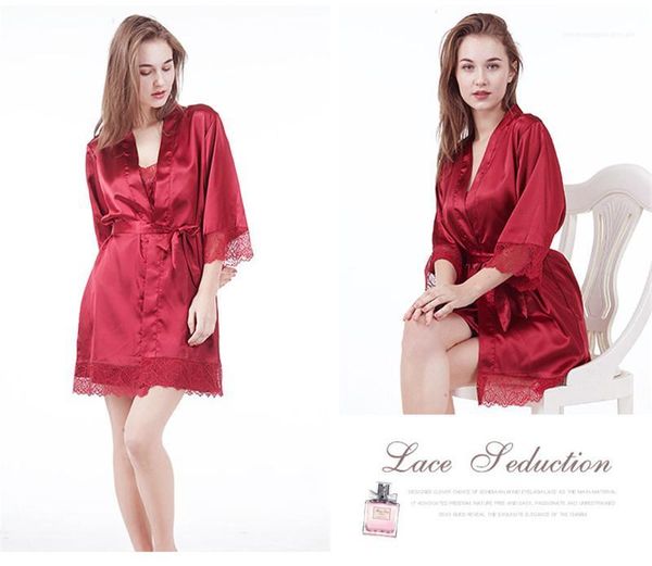 

sleepwear solid color three quarter sleeve robes casual loose womens designer sleepwear lace patchwork summer womens, Black;red