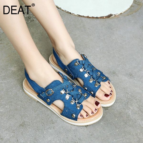 

deat] 2020 new spring summer round toe denim cloth rivet cross band casual flat sandals for women shoes fashion tide 10i452, Black