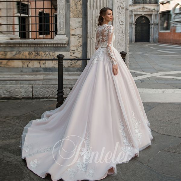 

elegant court train bridal dress illusion lace and long sleeve o-neck ball gown wedding dresses 2020 vestido branco, White