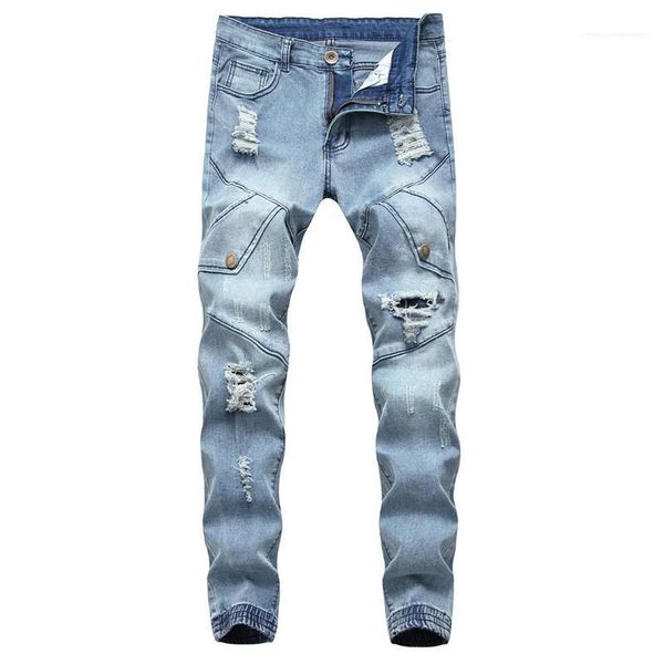 

jeans casual males clothing hole mens designer jeans fashion slim mulit pockets panelled mens zipper fly, Blue
