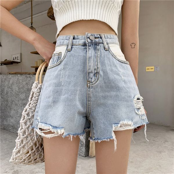 

realeft 2020 new spring summer blue denim shorts pocket casual high waist korean style wide leg jeans chic pants female