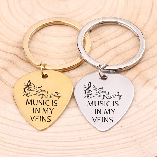 

music lover guitar pick keychain hand carved music is in my veins note gift for girls boyfriend friend birthday jewelry, Silver