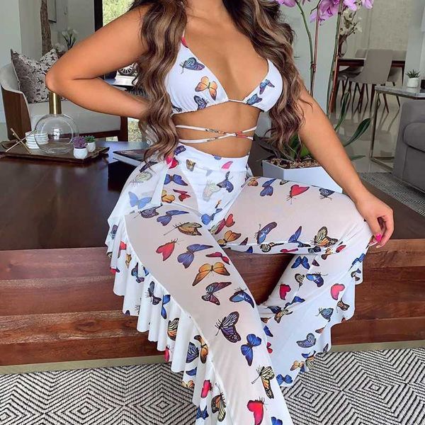 

2020 new 2pcs/set beach cover up women bra ruffles mesh see through pants bikini swimsuit bathing suit cover ups, White;black