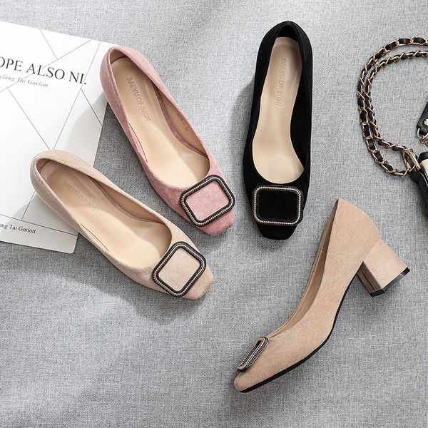 

big size women flock leather shoes 2.5cm/5cm high heels ladies dress work slip on pumps woman square heels wedding shoes g0016, Black