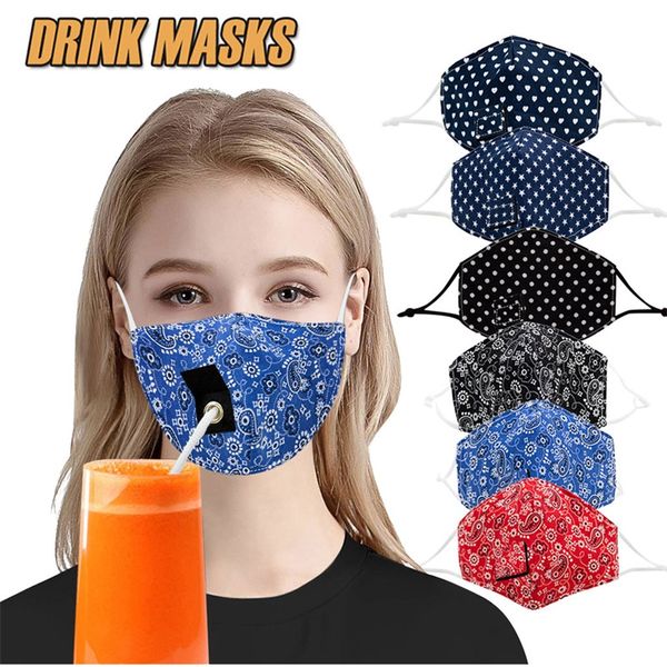 Maschera per bevande per bambini adulti con foro per paglia di cotone Maschere per bere antipolvere lavabili riutilizzabili Maschere per bocca all'aperto Maschera per feste