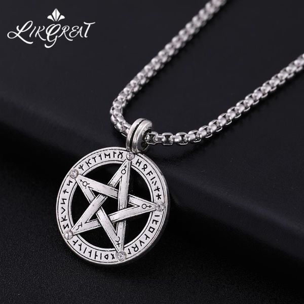 

likgreat pentacle pentagram pendant necklace men star amulet stainless steel chain statement talisman supernatural necklaces, Silver