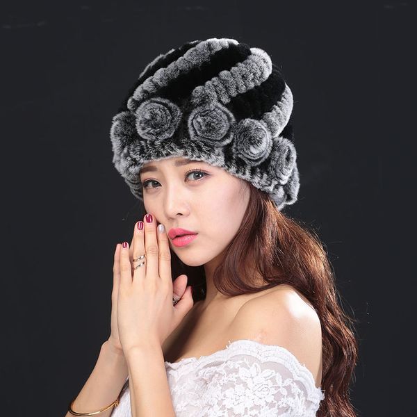 

горячая 2020 новые 100% подлинная трикотажные рекс меха hat winter lady цветочный cap женский головной убор женщин мех шапочки шляпы свободн, Blue;gray