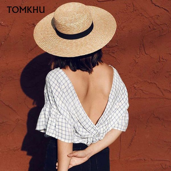 

wide brim hats tomkhu fashion flat high sun hat summer spring women's travel caps bandages beach women traw breathable, Blue;gray