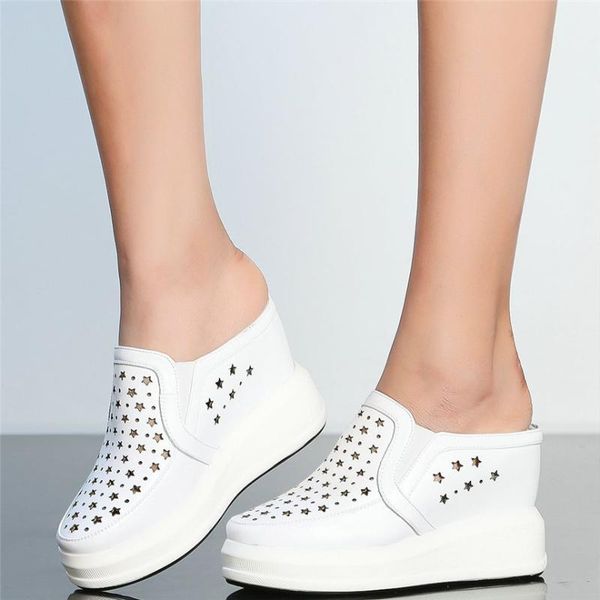 

new women genuine leather wedges platform slippers female high heel pumps round toe roman sandals summer trainers outdoor slides, Black