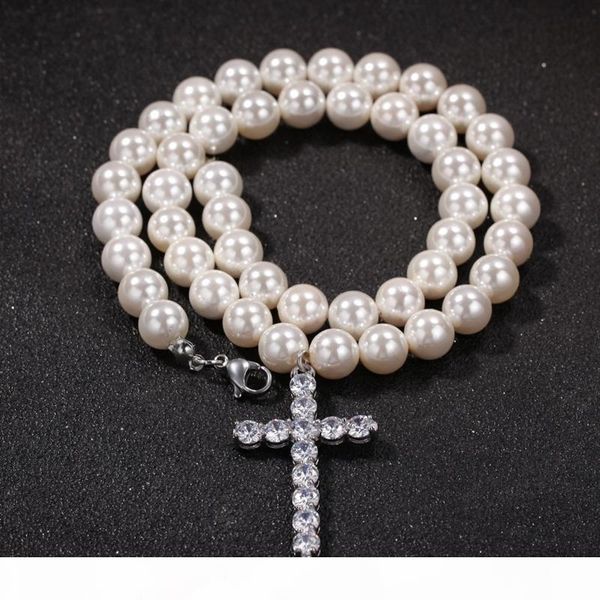

fashion mens pearl beaded necklace new hip hop necklace jewelry iced out cross pendant necklace 8mm 10mm, Silver