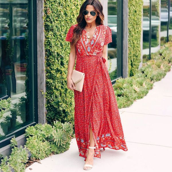 

short sleeve maxi dress v neck bohemia wrap belt floral print summer, Black;gray