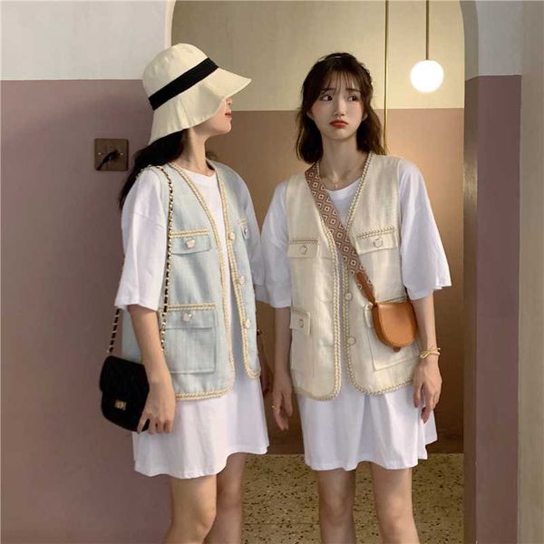 

2020 runway autumn winter small fragrance tweed sleeveless women's jackets ladies v-neck single breasted pocket coat, Black;white