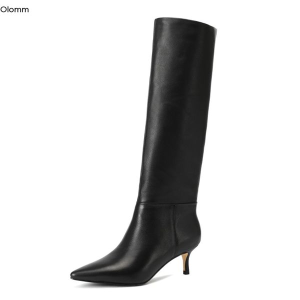 

olomm new women knee high boots genuine leather 5.5cm thin heels boots pointed toe elegant black party shoes women us size 4-8.5