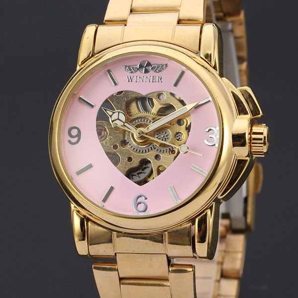 

50pcs/lot winner-d157 heart design mechanical watch luxury skeleton winner watch hollow out stainless steel, Slivery;brown