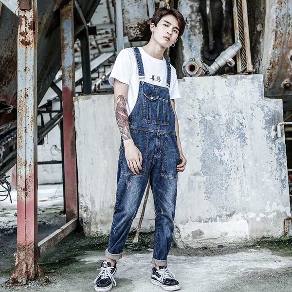 

2020 spring and autumn bib male japanese washed cats retro blue jumpsuit staff wear old jeans long slim pants size  l xl xxl
