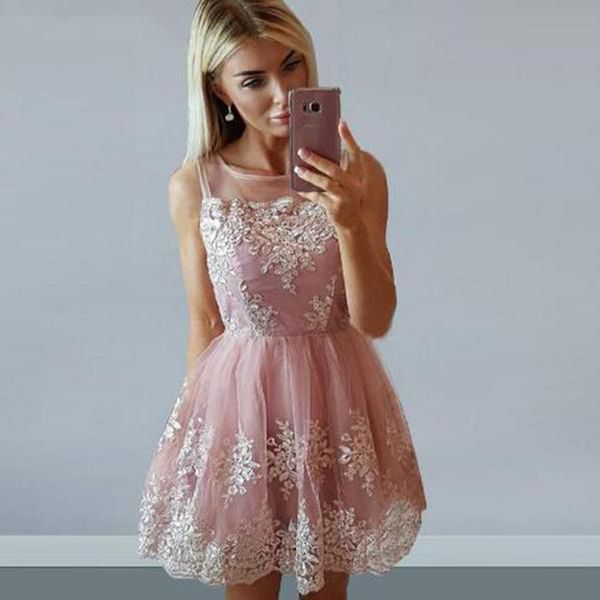 

fashion sheer neck blush pink short homecoming dresses a line sleeveless tulle cocktail party dress with lace appliques custom made, Blue;pink