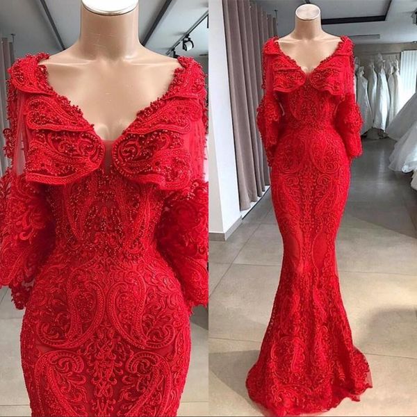 

deep v-neck mermaid evening dresses red lace appliques beads 2020 prom gowns long sleeve pageant arabic dubai formal party gowns, Black;red